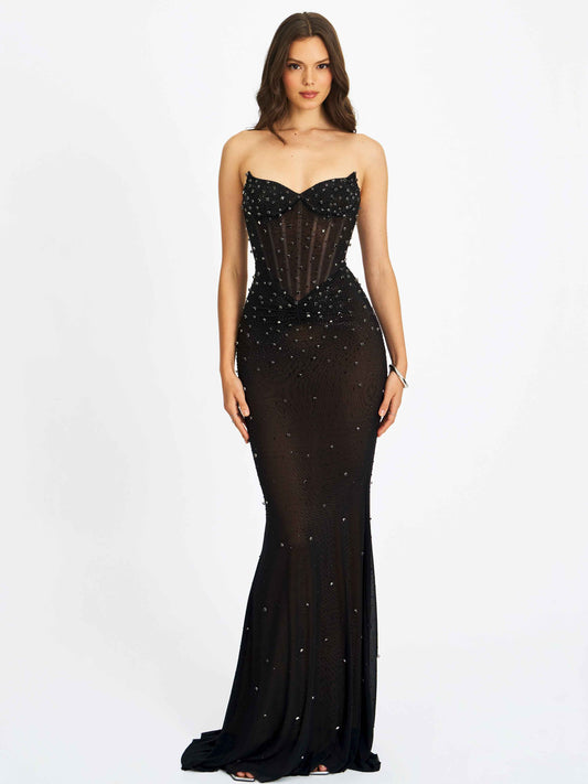 Fatima Black Crystal Sleeveless Corset Mermaid Maxi Dress