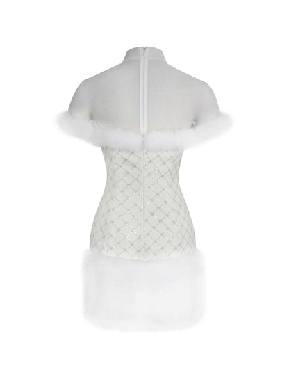 Taylor Ivory Fur Trimmed Beaded Bouclé Mini Dress