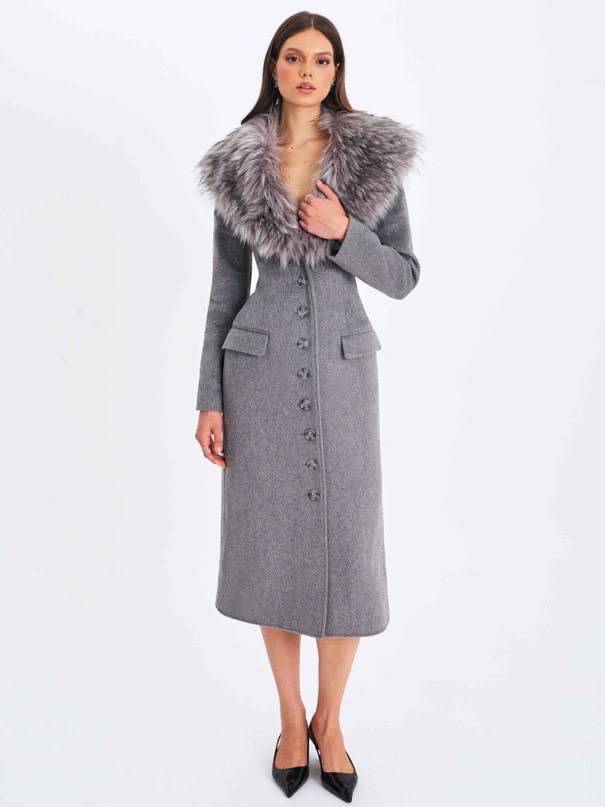 Faye Grey Wool Blend Single-Breasted Coat with Removable Faux Fur Collar