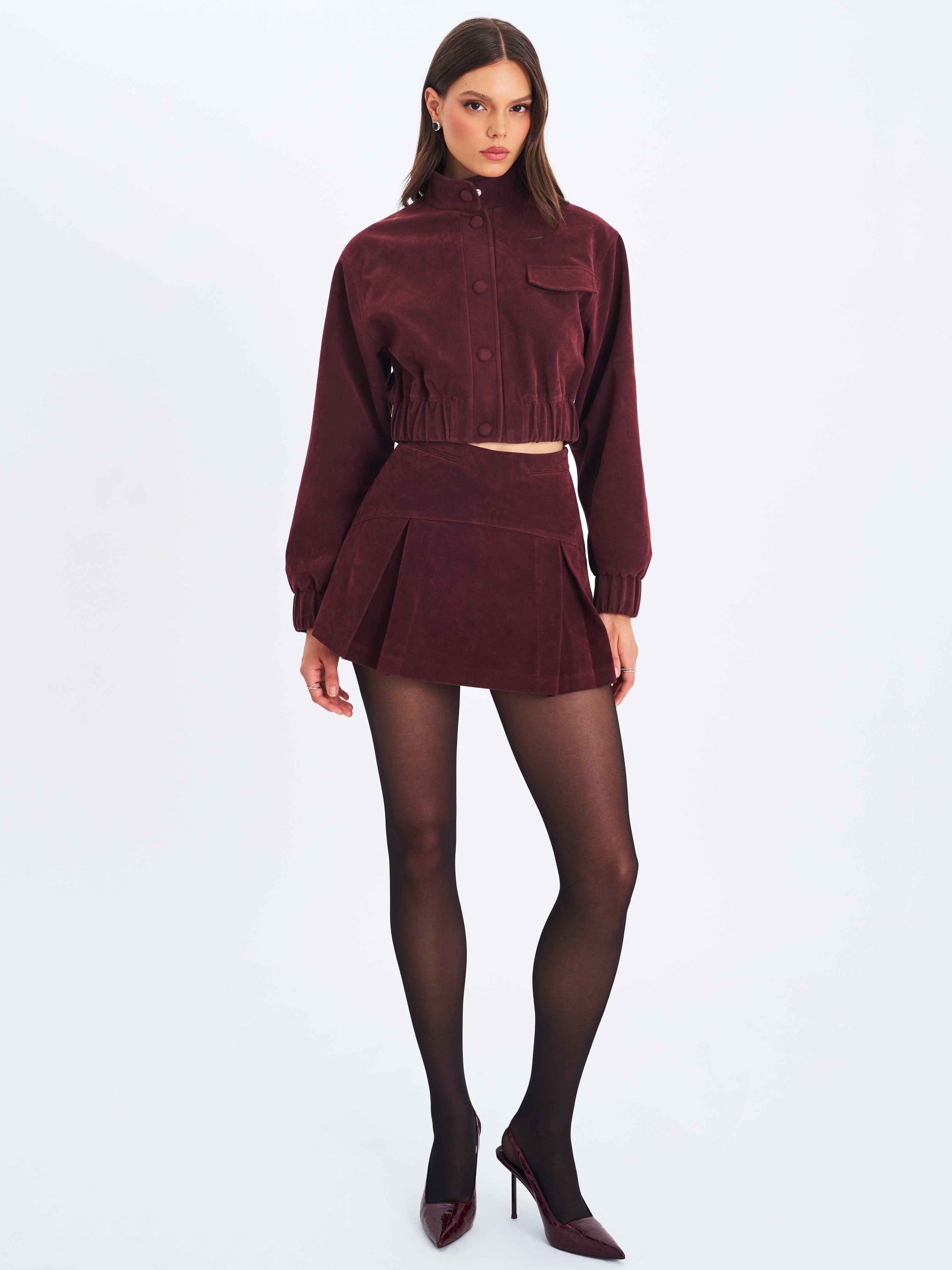 Farryn Mahogany Vegan Suede Cropped Bomber Jacket