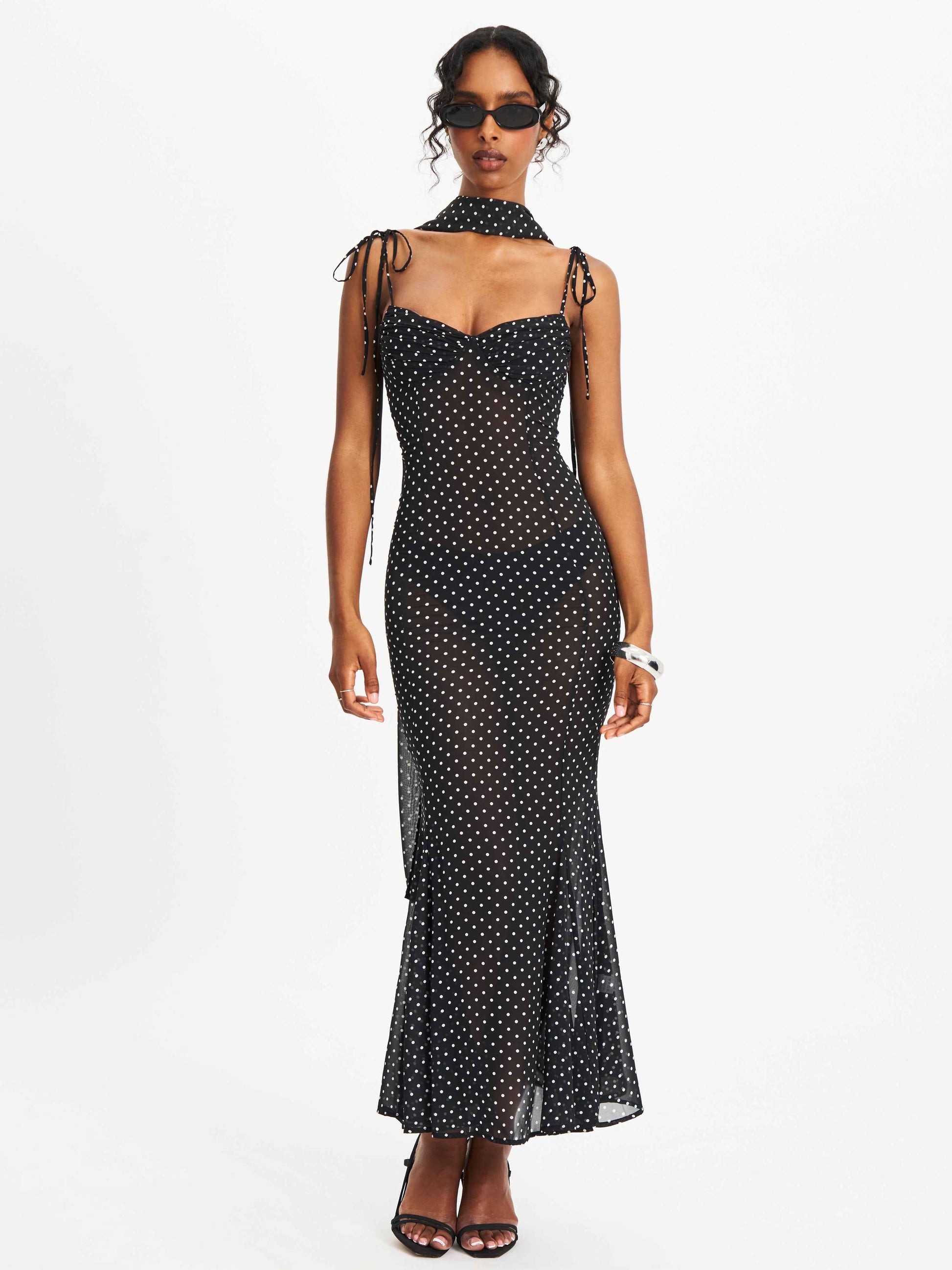Yadira Black Base Polka Dot Chiffon Maxi Dress
