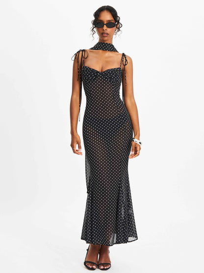 Yadira Black Base Polka Dot Chiffon Maxi Dress