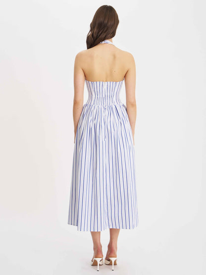 Mackenna Navy Stripe Halter Smock Back Maxi Dress