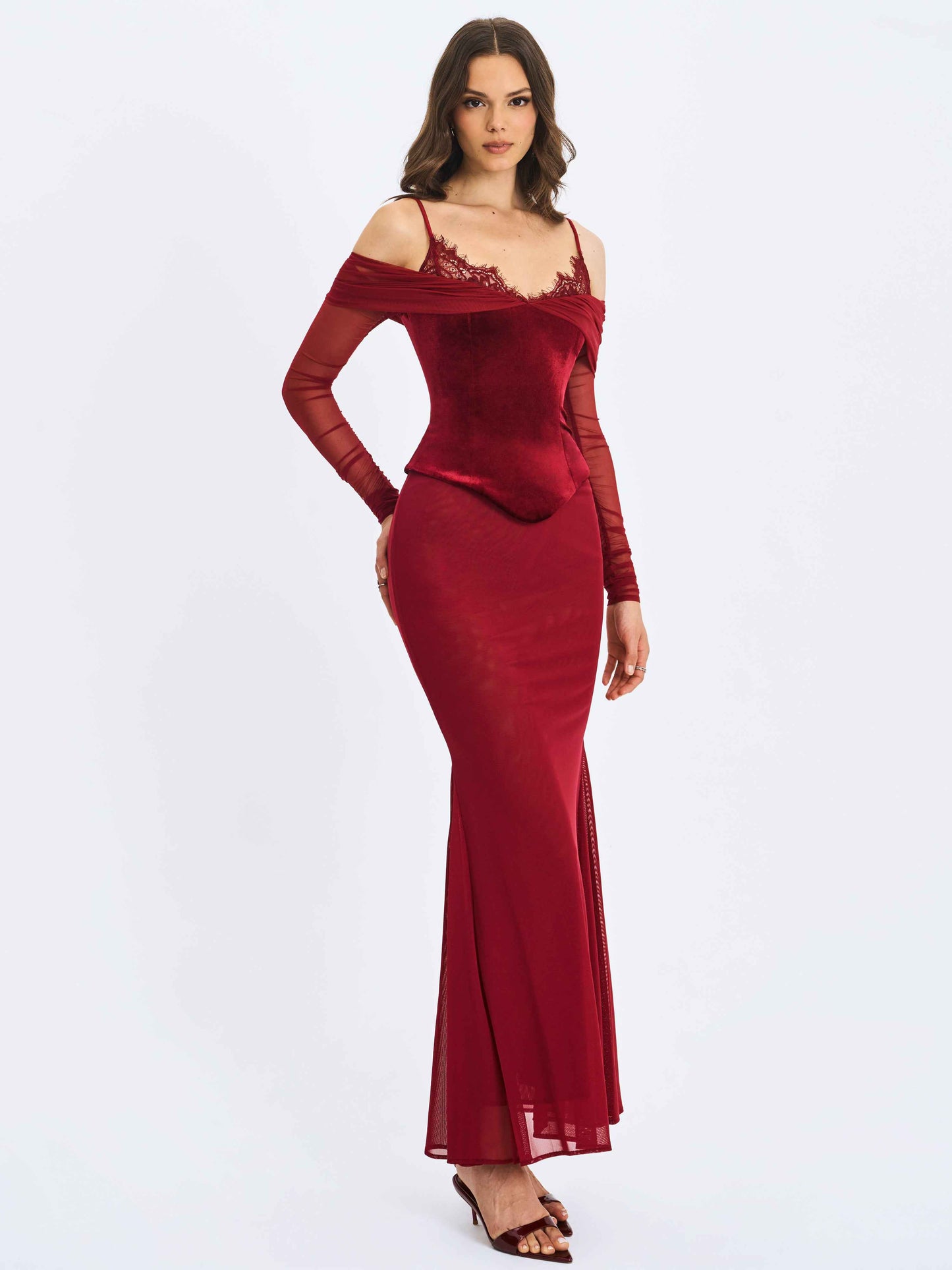 Maybelle Magenta Bardot Lace Strap Peplum Maxi Dress