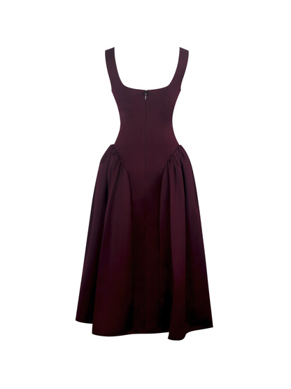 Omella Burgundy Ruched Bust Sweetheart Flared Midi Dress