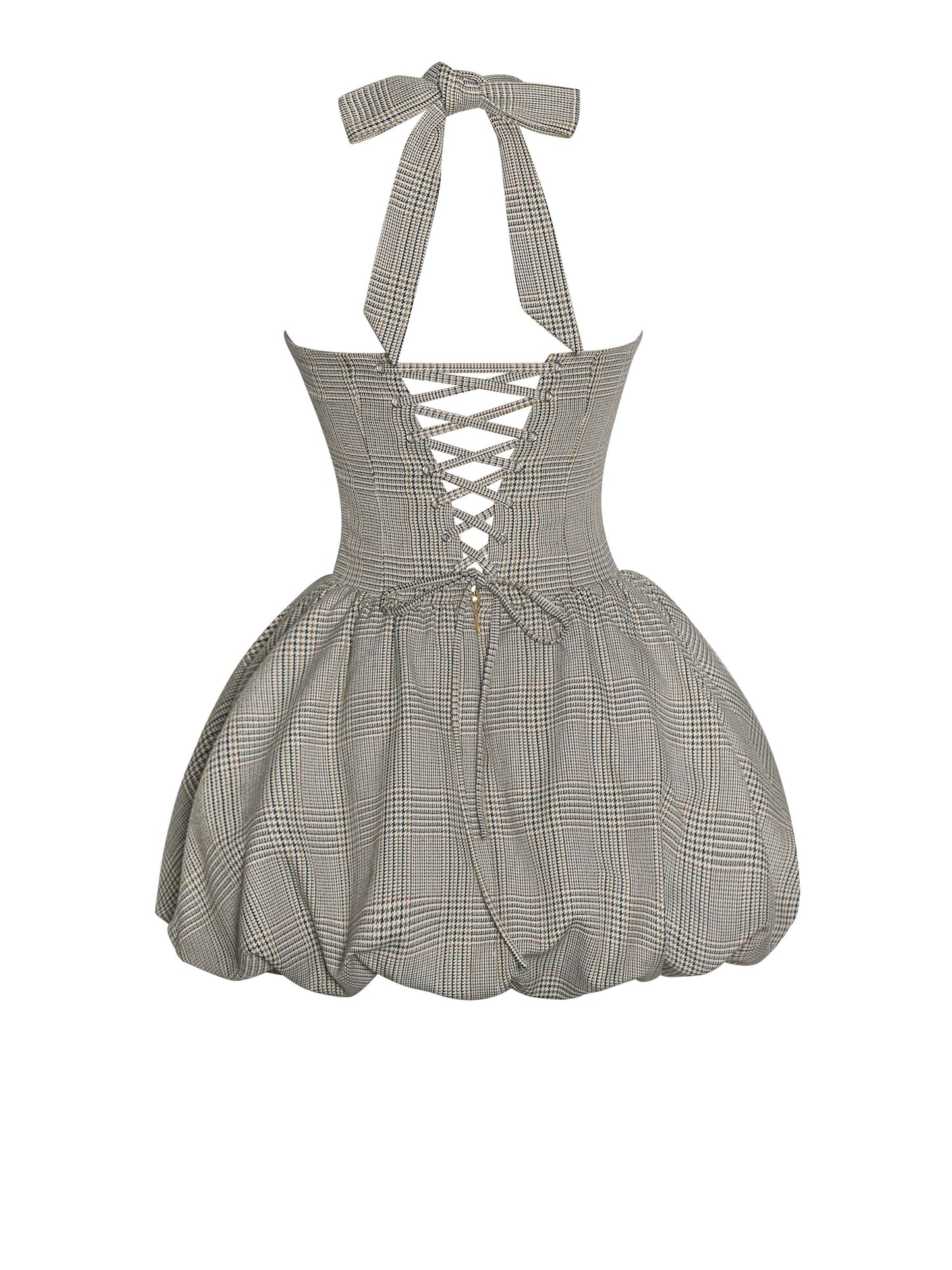 Dacia Plaid Halter Lace-up Bubble Mini Dress