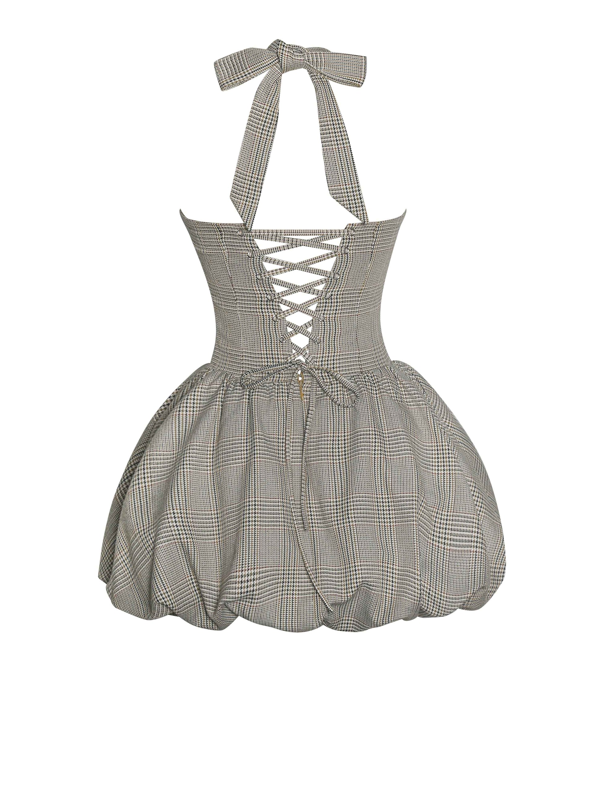 Dacia Plaid Halter Lace-up Bubble Mini Dress