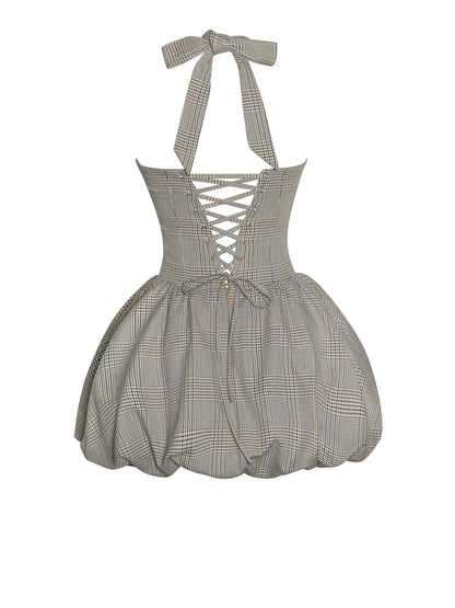 Dacia Plaid Halter Lace-up Bubble Mini Dress