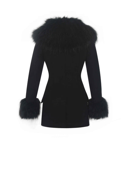 Hailee Black Single Breasted Wool Blend Mini Coat with Removable Fur Lapel
