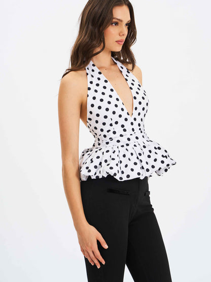 Ilene White and Black Polka Dot Bubble Hem Halter Top