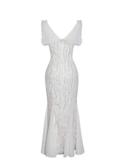 Paola White Peter Pan Collar Beaded Sequin Mermaid Midi Dress