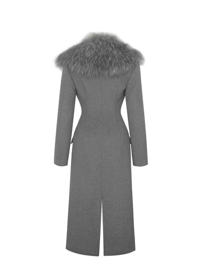 Faye Grey Wool Blend Single-Breasted Coat with Removable Faux Fur Collar