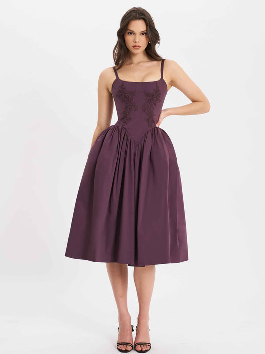 Oakleigh Blackberry Purple Cotton Lace-up Back Midi Dress