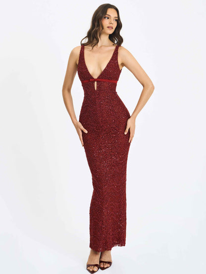 Elora Crimson Sequin Beaded Keyhole Maxi Dress