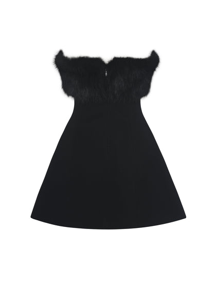 Evelyn Black Fur-Trimmed Mini A-Line Dress