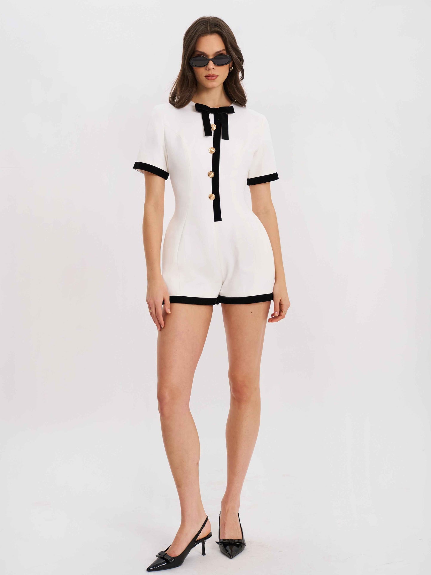 Idina Business Casual White Romper with Black Trim