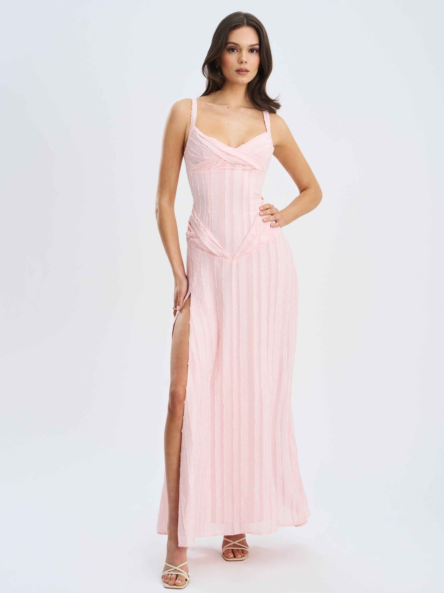 Mallory Baby Pink Stripe Jacquard High Slit Gown