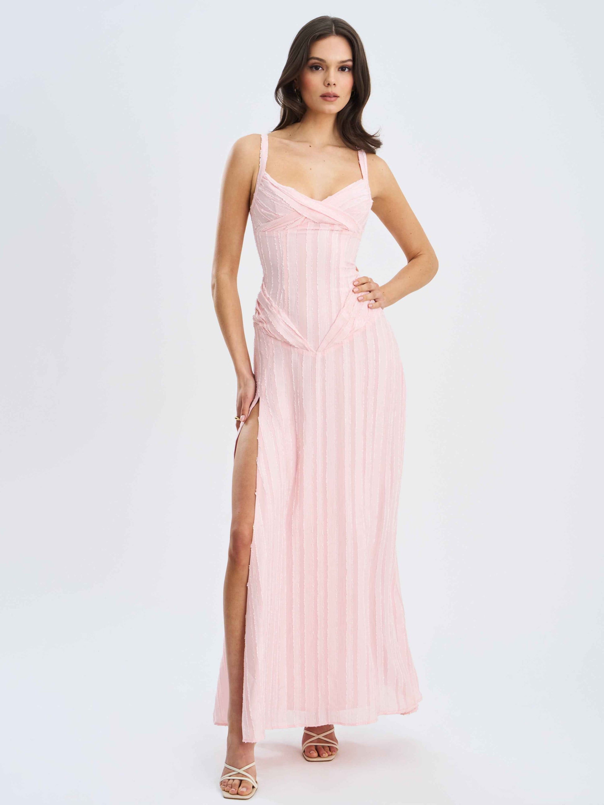 Mallory Baby Pink Stripe Jacquard High Slit Gown