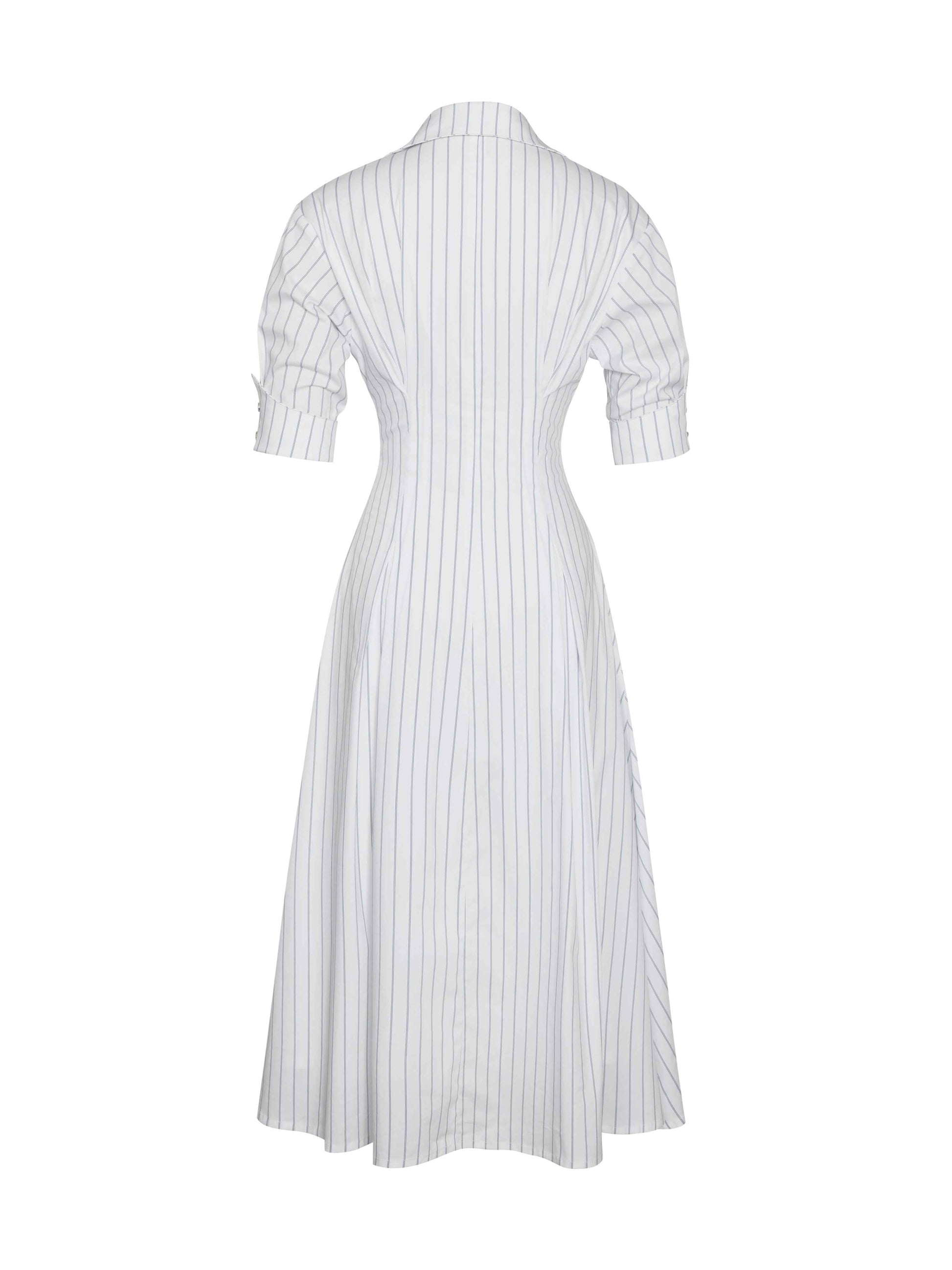 Palina Pinstripes Cotton Poplin Pleated Midi Preppy Shirt Dress