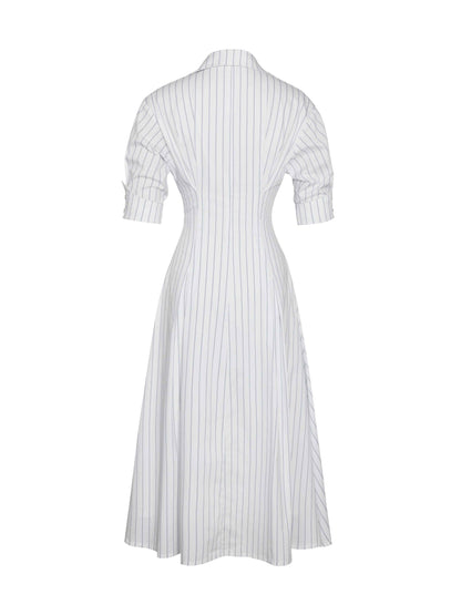 Palina Pinstripes Cotton Poplin Pleated Midi Preppy Shirt Dress