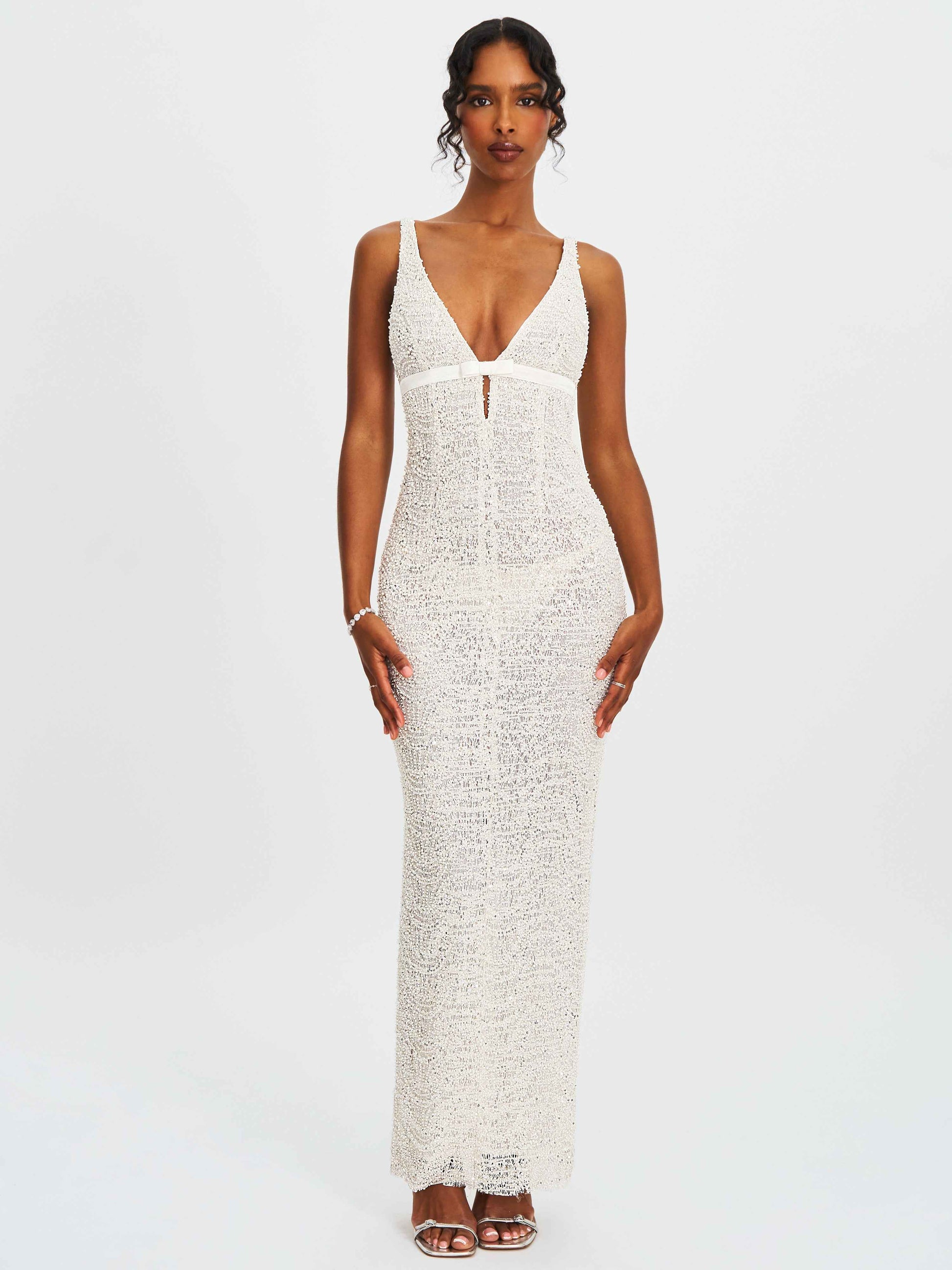 Adelaide White Beaded Sequin Net Bodycon Gown