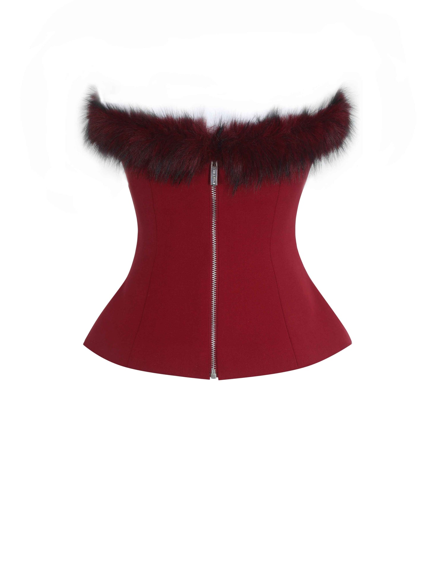 Ivette Crimson Fur-Trimmed Peplum Top
