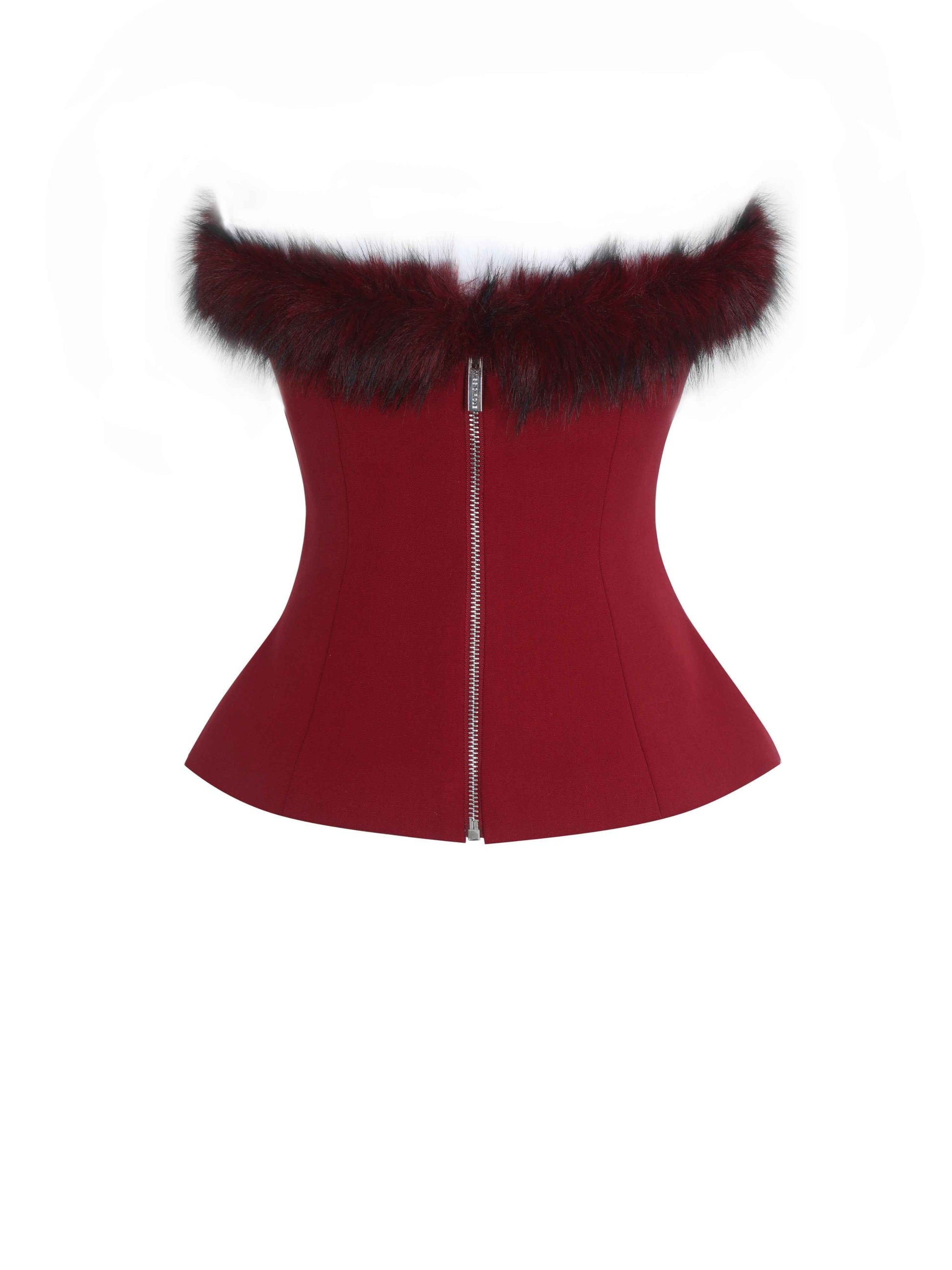 Ivette Crimson Fur-Trimmed Peplum Top