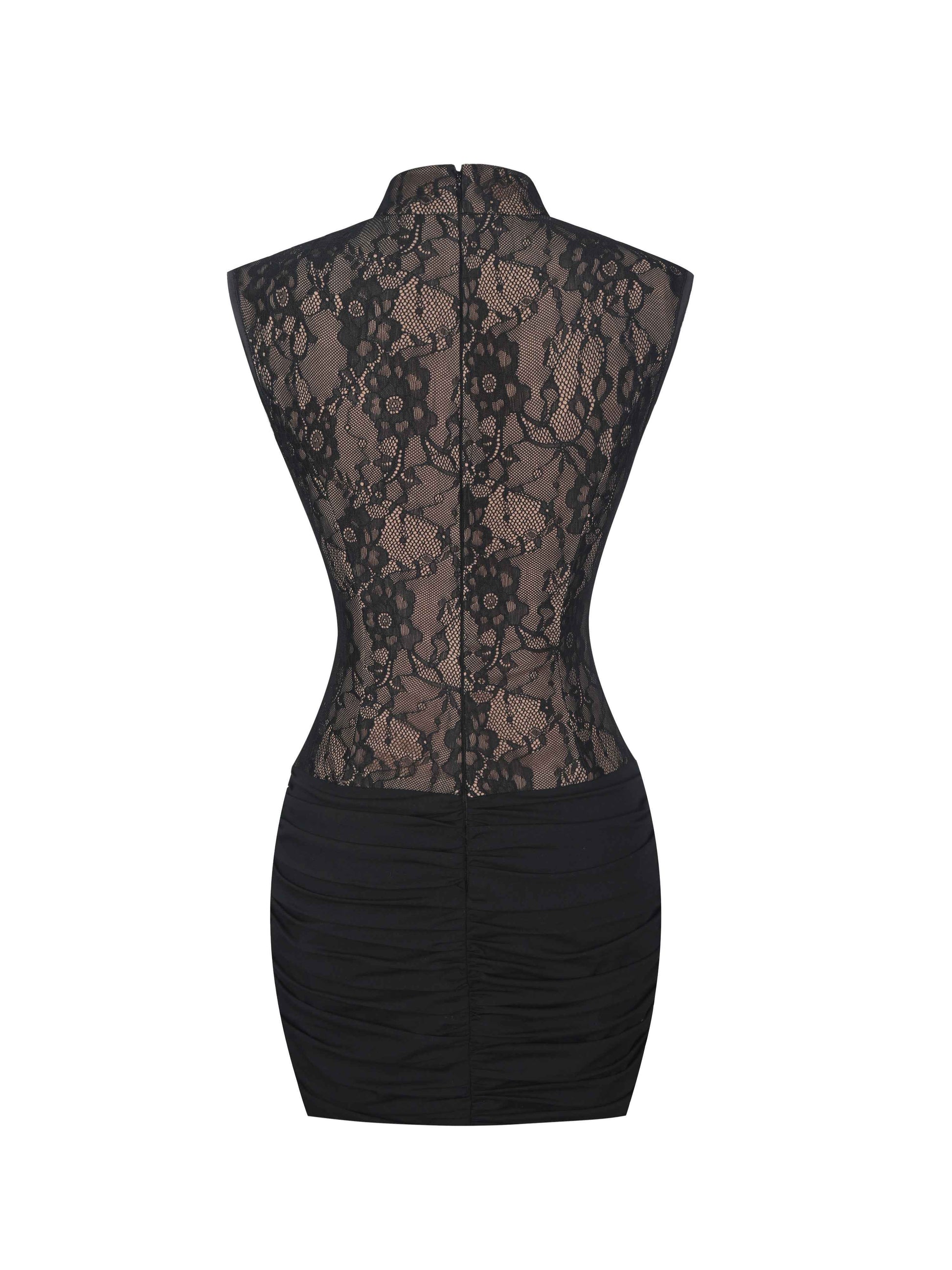 Valerie Black Lace Teardrop Neckline Ruched Mini Dress