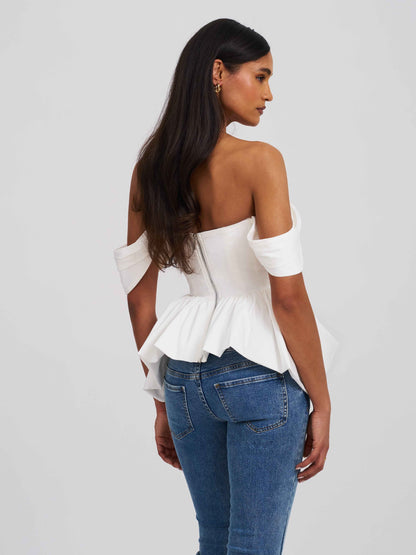 Qistina White Off-shoulder Bubble Hem Peplum Cotton Top