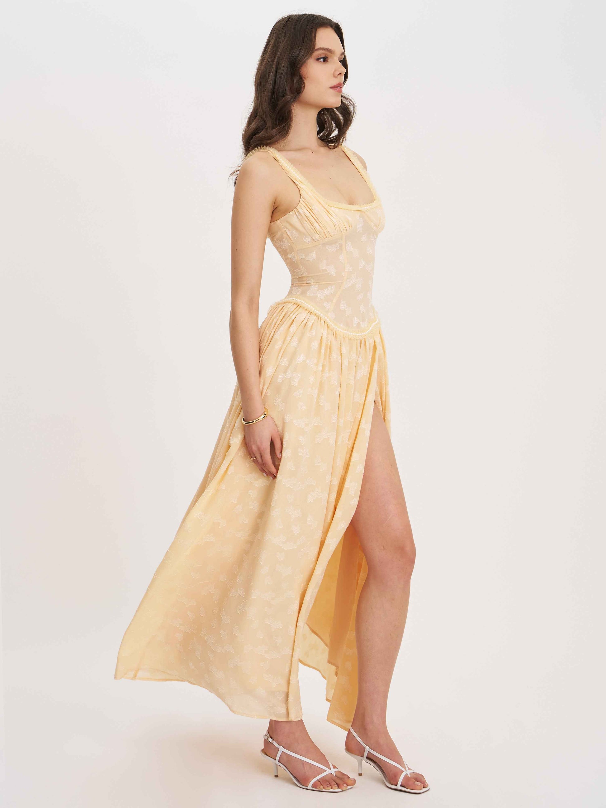 Ulissa Orange Square Neck Jacquard Textured High Slit Maxi Dress