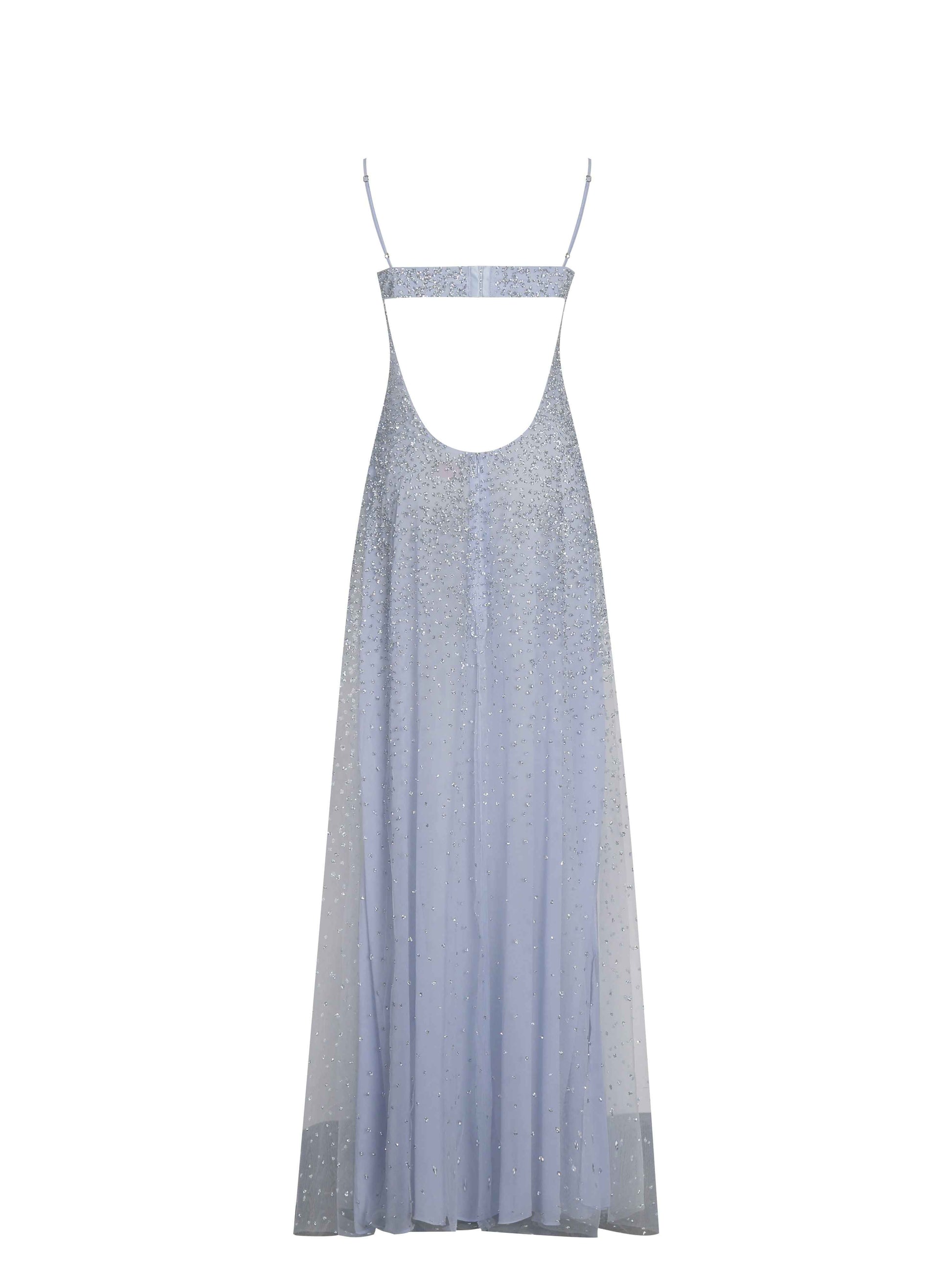 Wallie Baby Blue Rhinestone Embellished Mesh Backless Gown