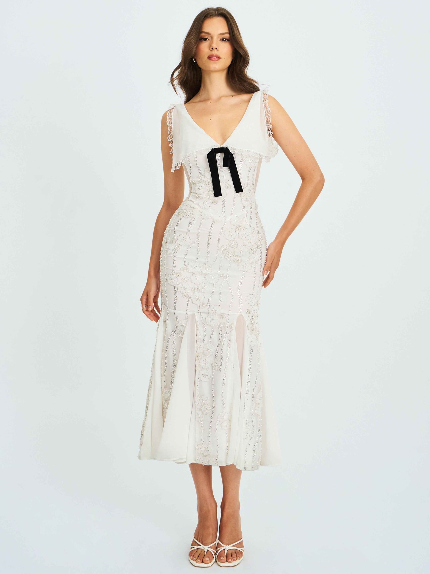 Paola White Peter Pan Collar Beaded Sequin Mermaid Midi Dress