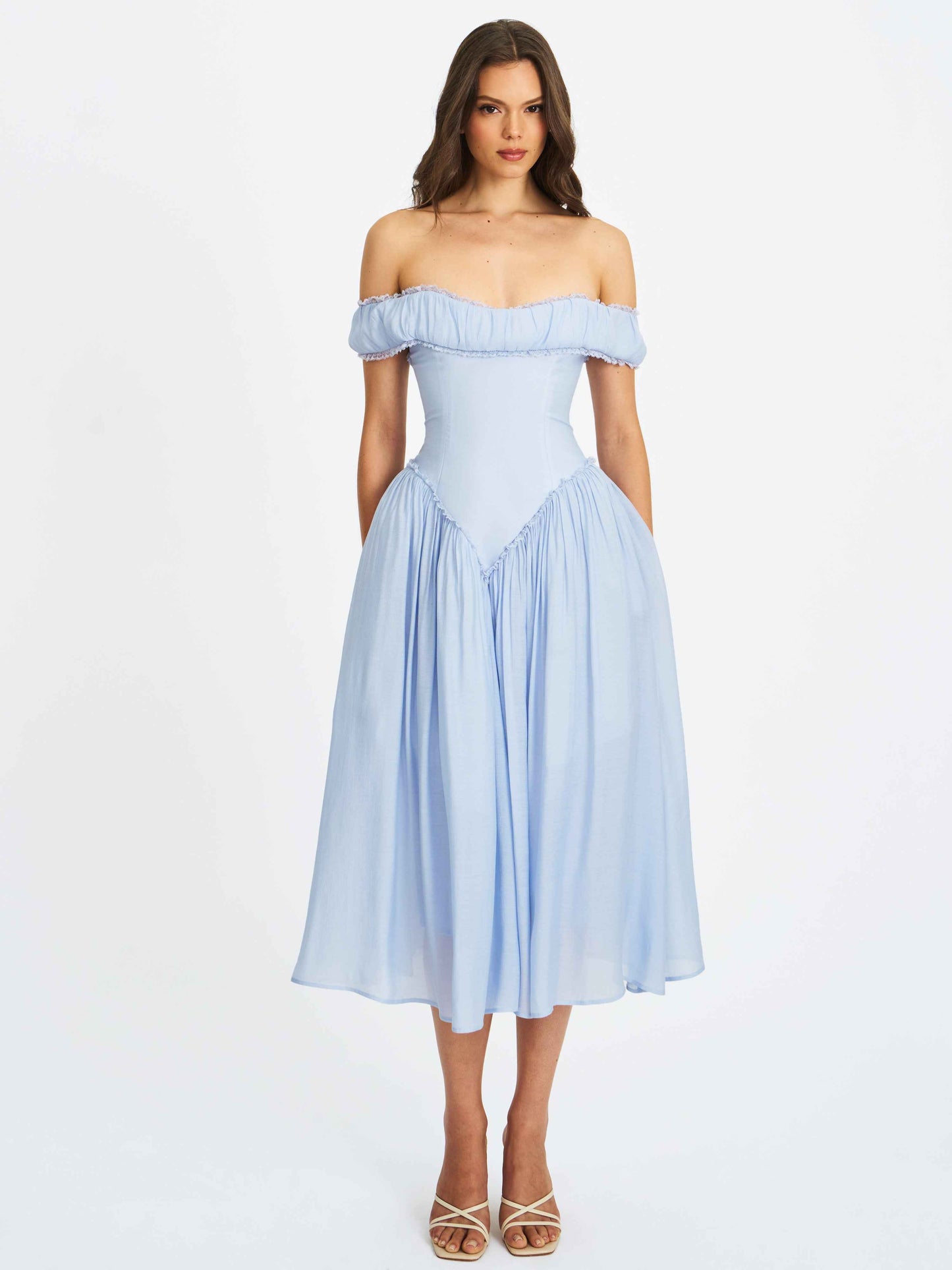 Xavy Baby Blue Off Shoulder Corset Midi Dress