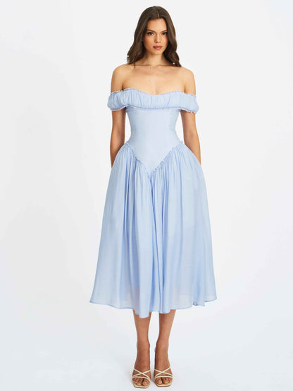 Xavy Baby Blue Off Shoulder Corset Midi Dress