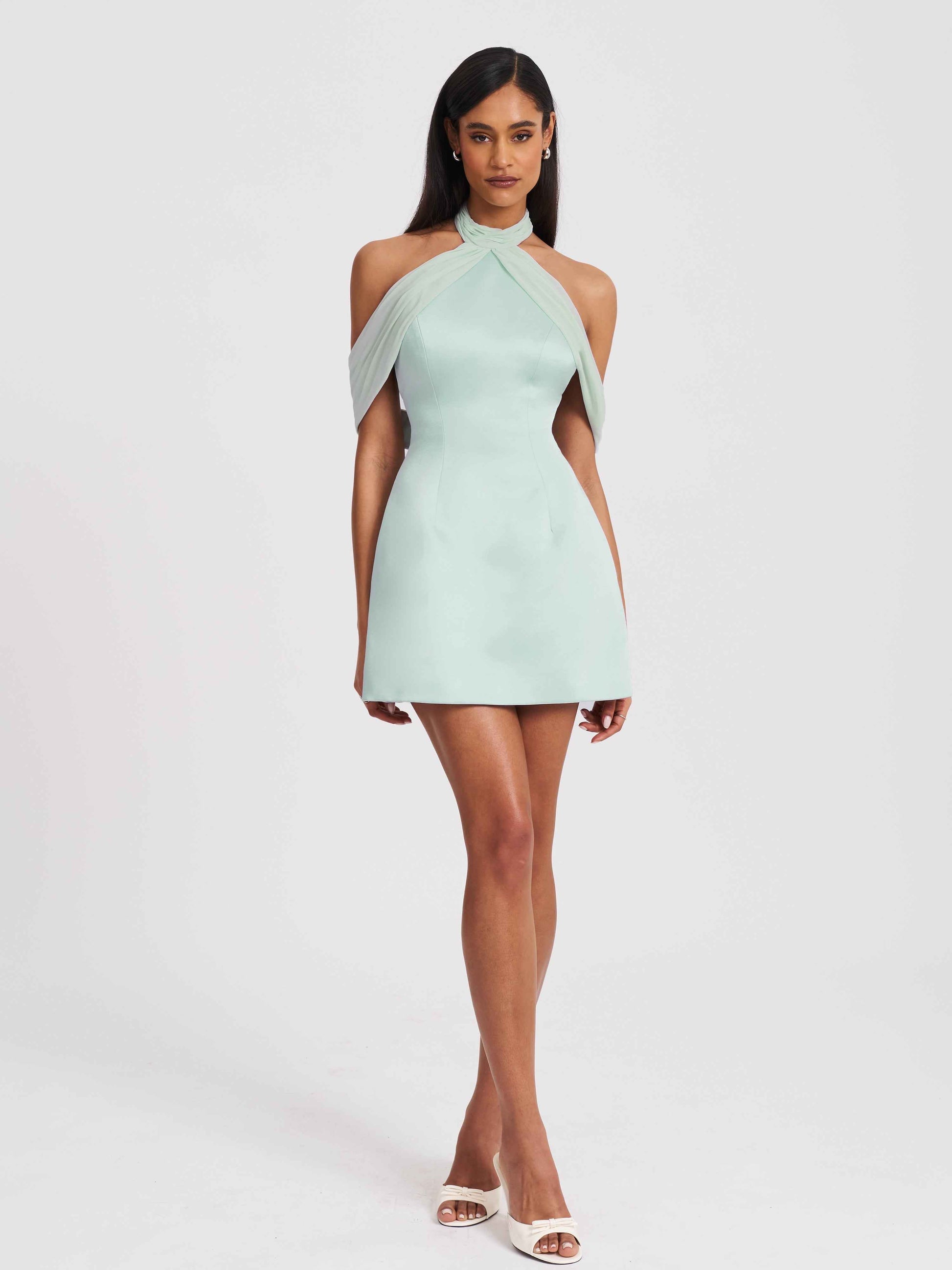 Zafrina Light Cyan Halter Off-shoulder Backless Mini Dress
