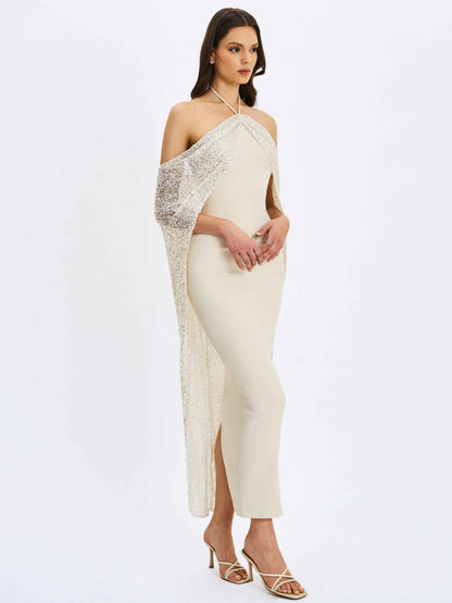 Quimera Almond Beaded Cape Halter Off-Shoulder Maxi Gown