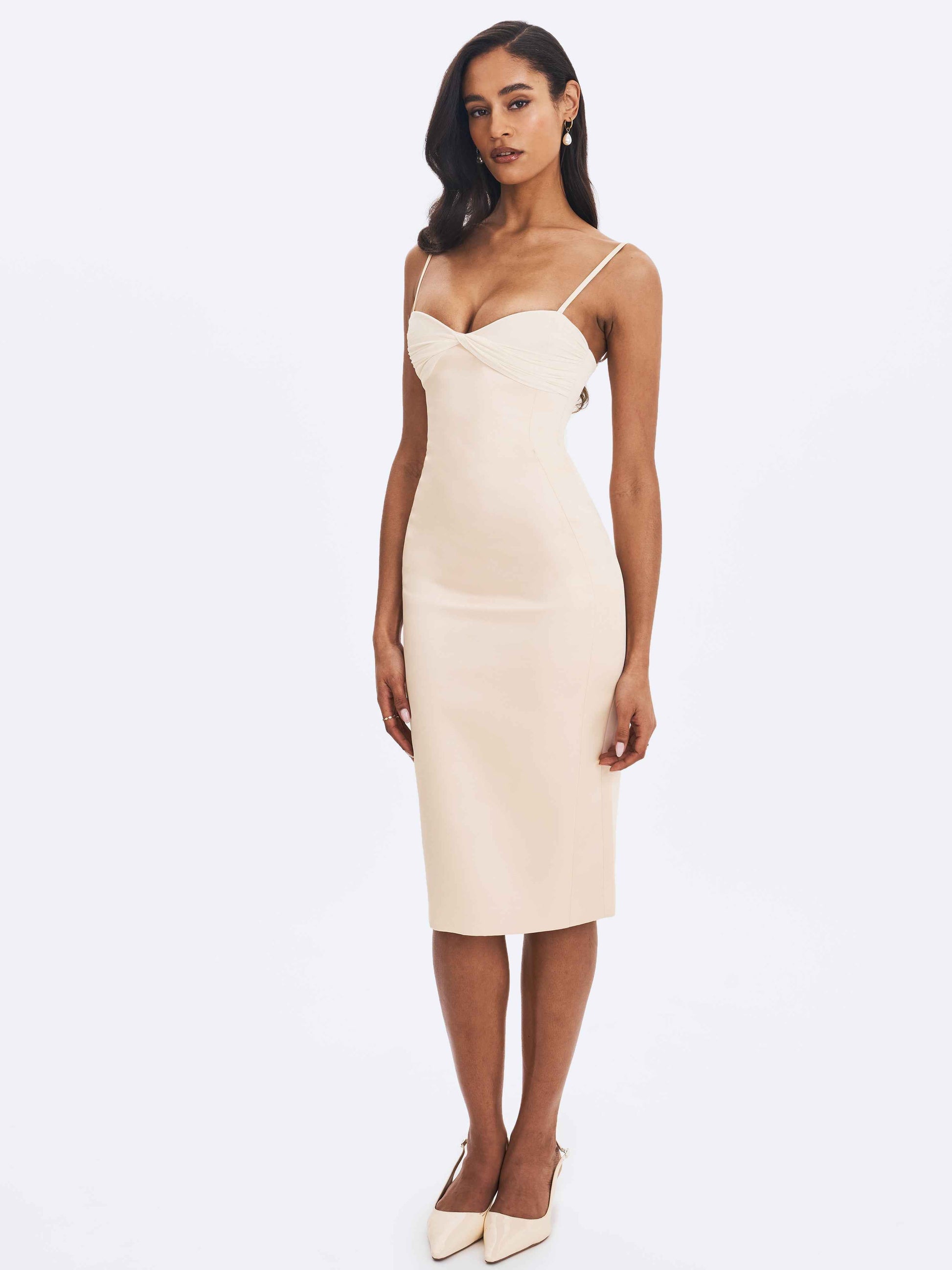 Gracie Butter Yellow Ruched Satin Midi Dress