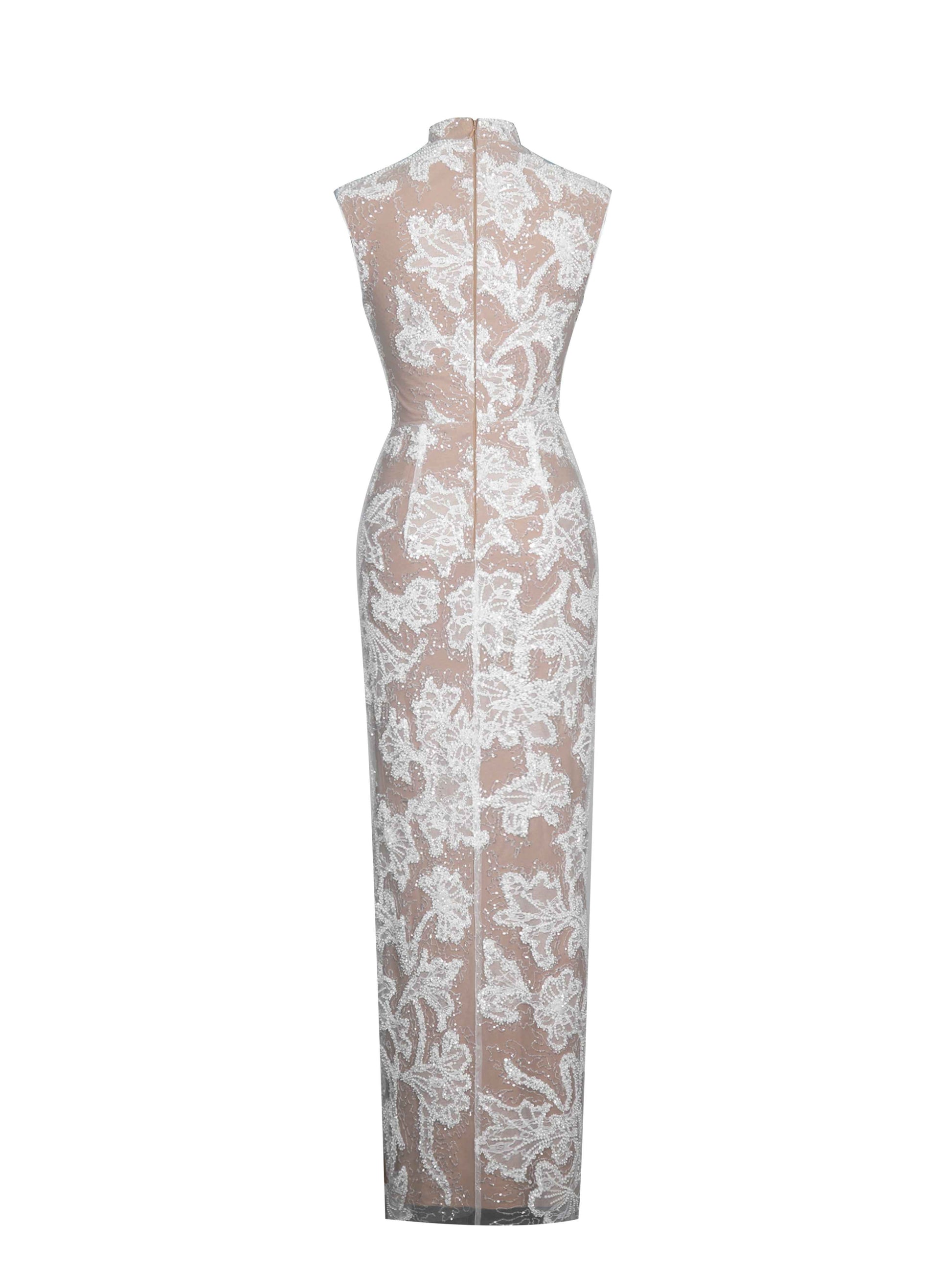 Tavia White Beaded Teardrop Neckline Maxi Dress