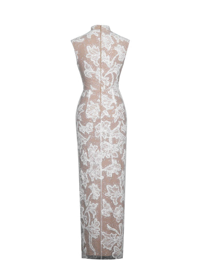 Tavia White Beaded Teardrop Neckline Maxi Dress