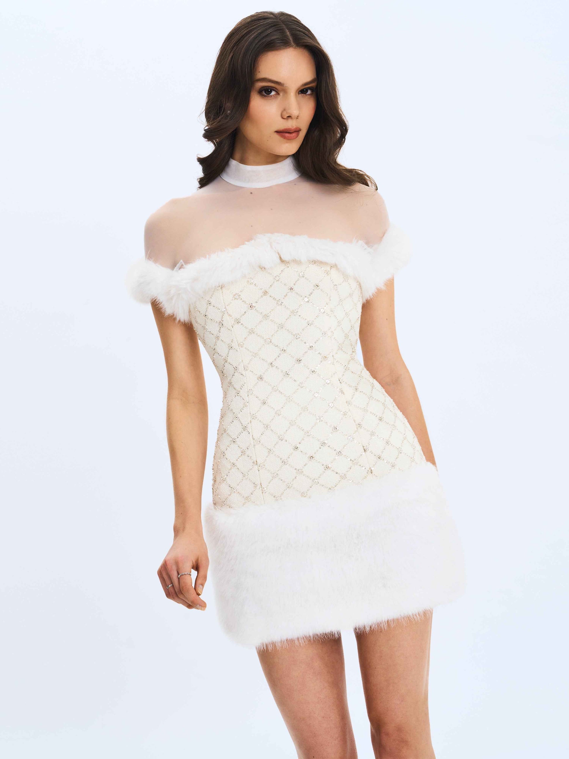 Taylor Ivory Fur Trimmed Beaded Bouclé Mini Dress