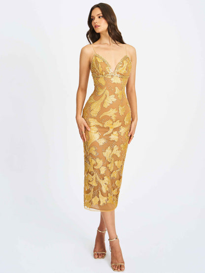 Edie Gold Beaded Sequin Midi Pencil Dress