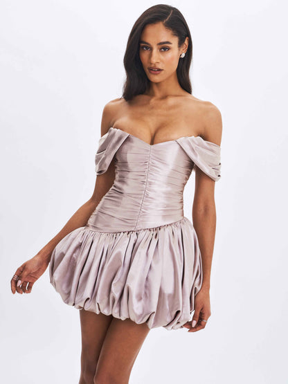 Milena Champagne Ruched Asymmetrical Bubble Mini Dress