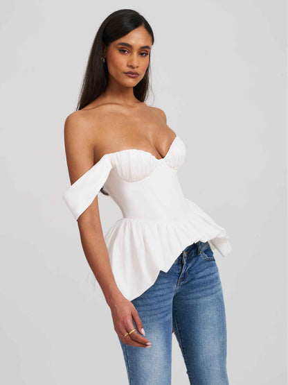 Qistina White Off-shoulder Bubble Hem Peplum Cotton Top