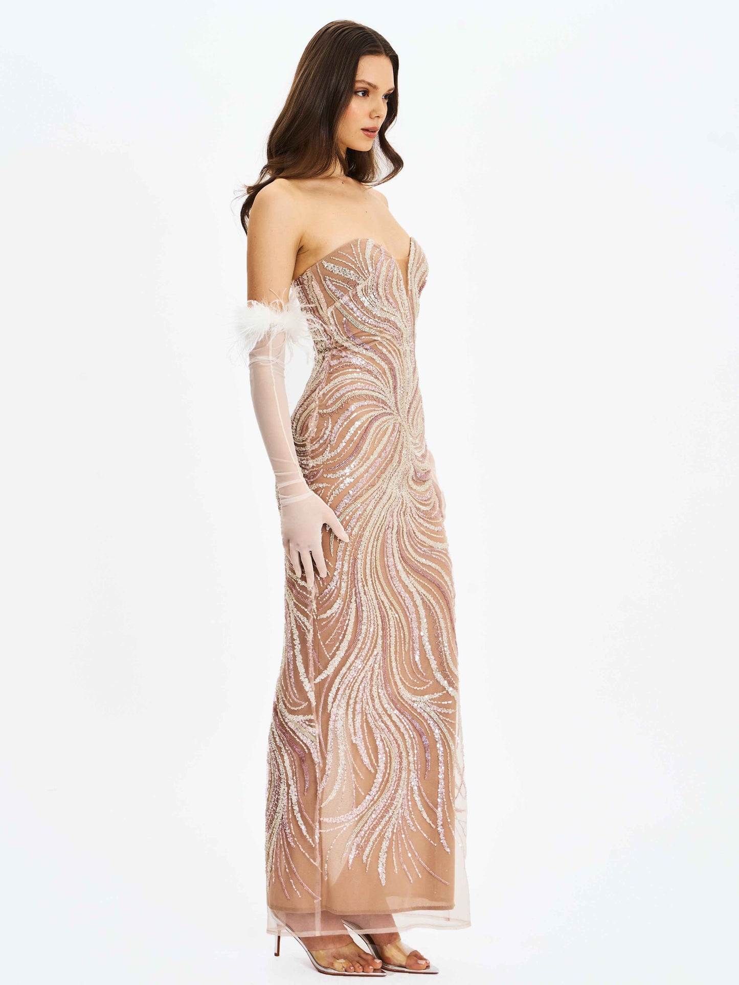Quinci Apricot Beaded Sequin Sweetheart Maxi Dress