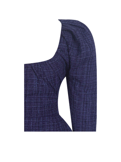 Denise Navy Tweed Ruched Puff Sleeve Mini Dress