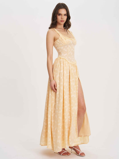 Ulissa Orange Square Neck Jacquard Textured High Slit Maxi Dress
