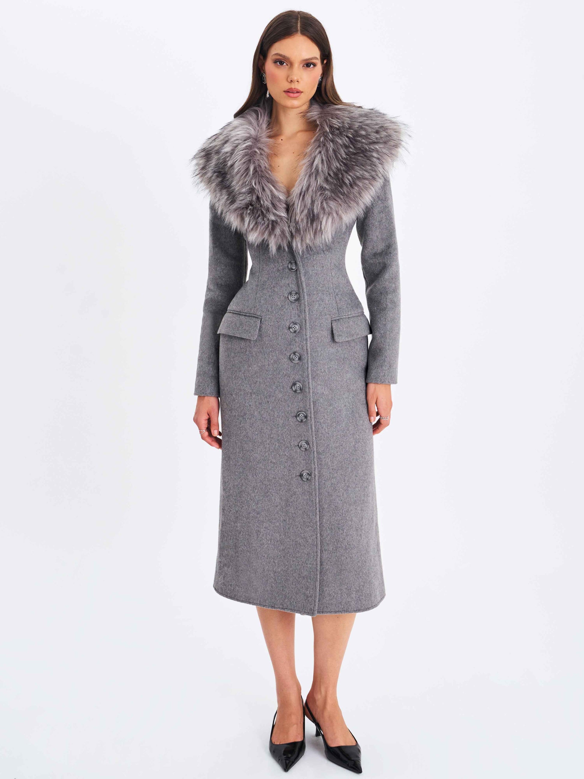 Faye Grey Wool Blend Single-Breasted Coat with Removable Faux Fur Collar