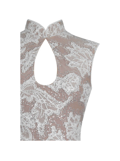 Tavia White Beaded Teardrop Neckline Maxi Dress