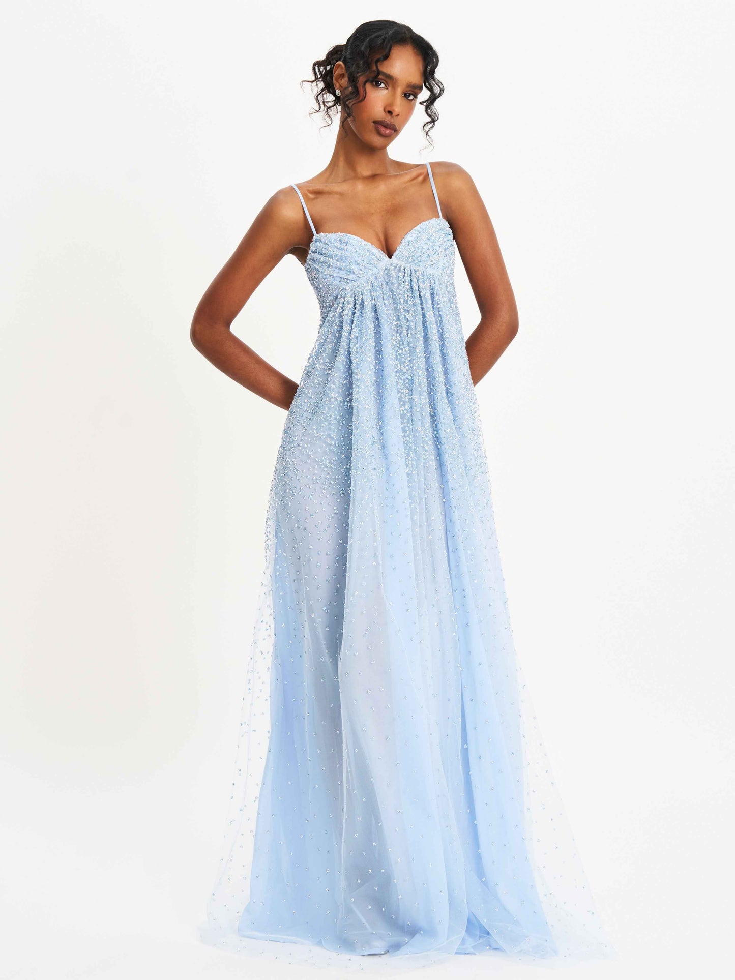 Wallie Baby Blue Rhinestone Embellished Mesh Backless Gown