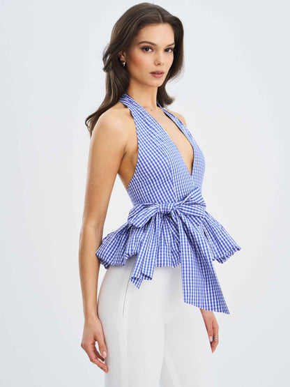 Ilene Blue and White Checkered Bubble Hem Halter Top